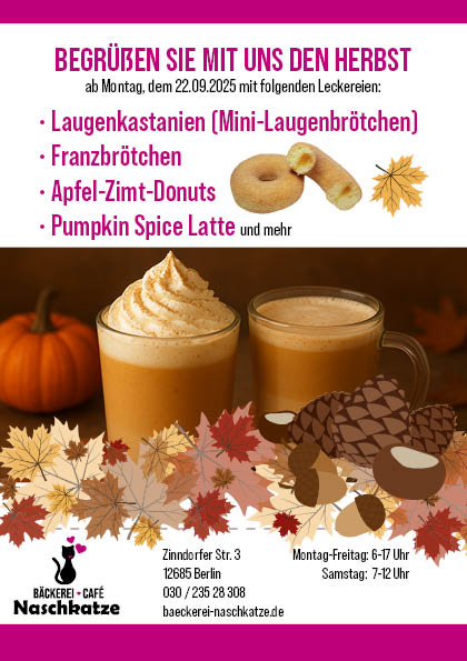 Pumpkin Spice Latte, Apfel-Zimt-Donuts, Laugenkastaninen, Franzbrötchen